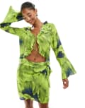 [YAS] YAS frill detail tie front blouse in lime print (part of a set)-Multi M LIME GREEN AOP