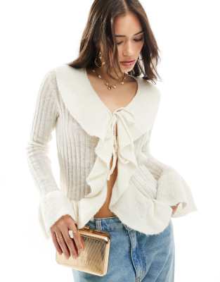 YAS frill detail tie front cardigan in cream-White