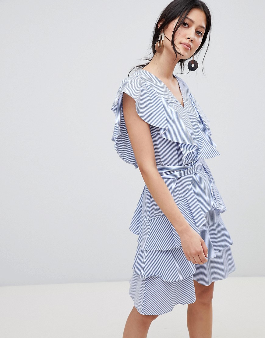 Y.A.S frill detail tiered mini dress in blue