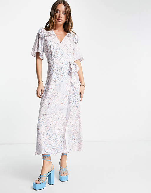 Y.A.S frill detail wrap midi dress in pink & blue print