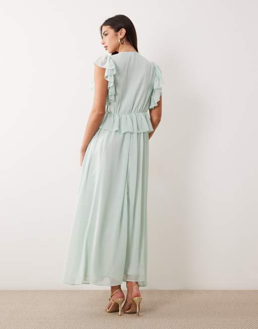 YAS frill detailing chiffon midaxi dress in sage green , 4 of 4