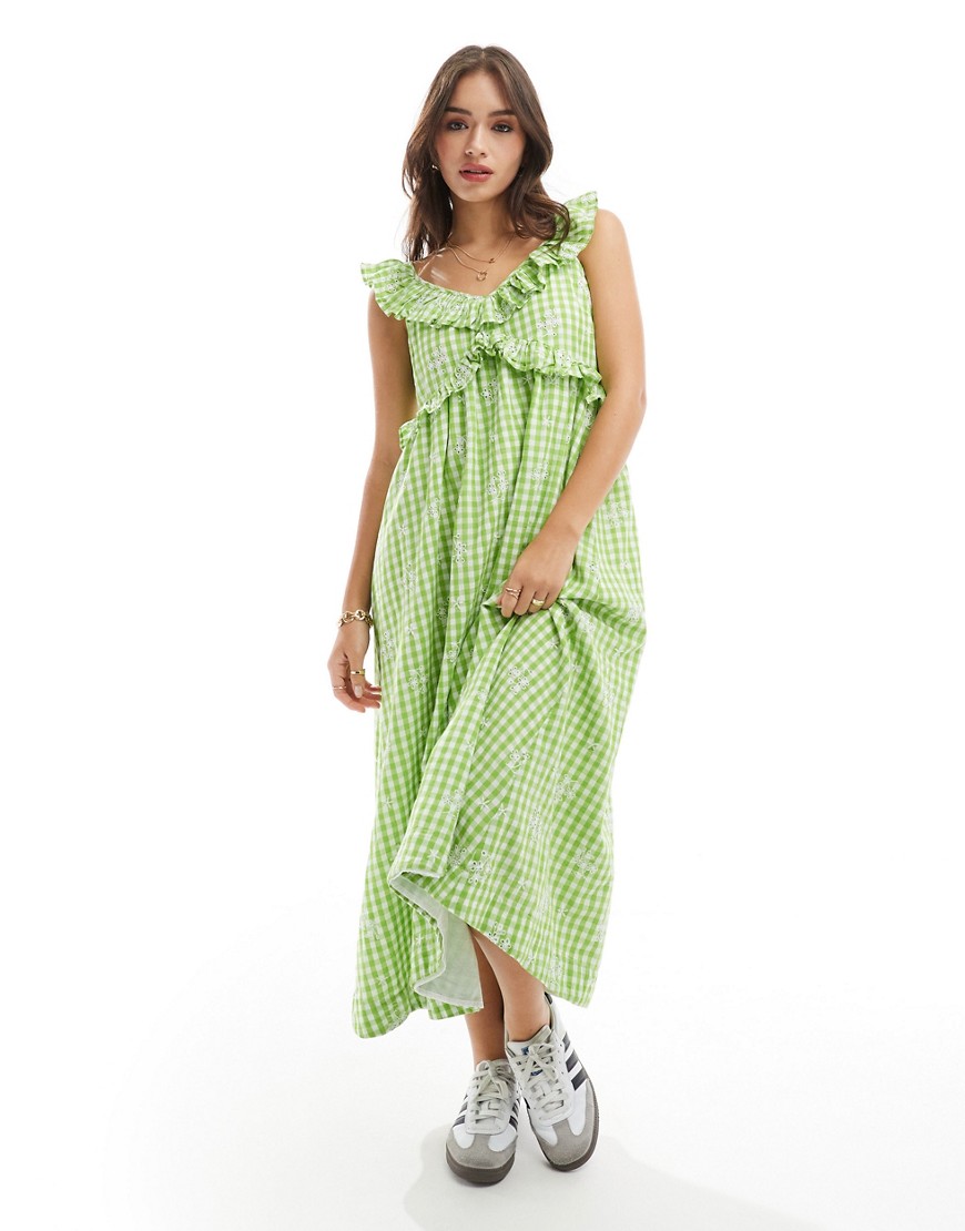 Y. A.S frill midi sundress with smock back in embroidered green gingham check-Multi
