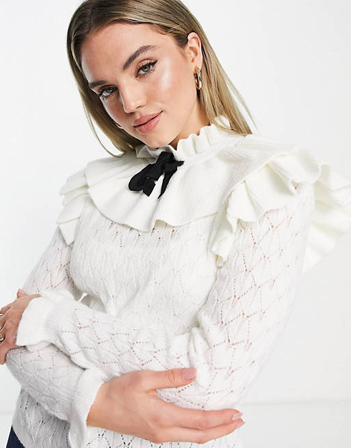 Y.A.S frill neck jumper with tie in cream