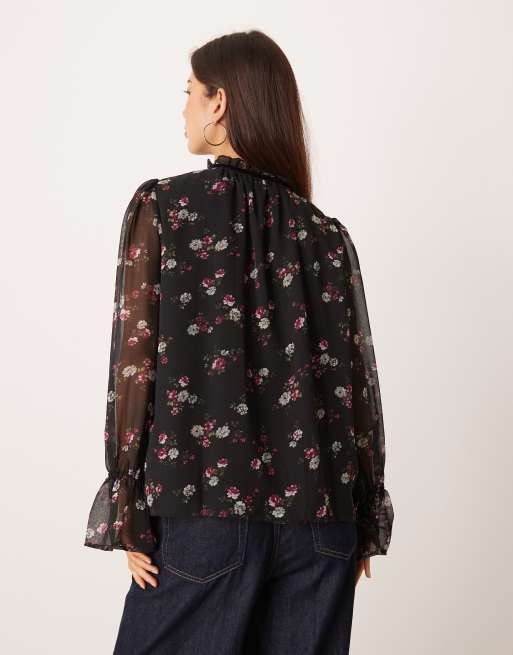 YAS frill trim chiffon boho blouse in black floral print, 3 of 4