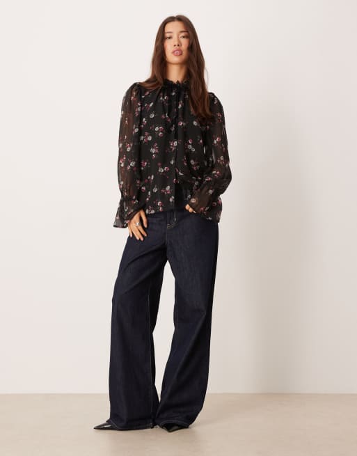 YAS frill trim chiffon boho blouse in black floral print, 4 of 4