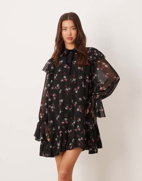 YAS frill trim chiffon mini dress in black based floral print