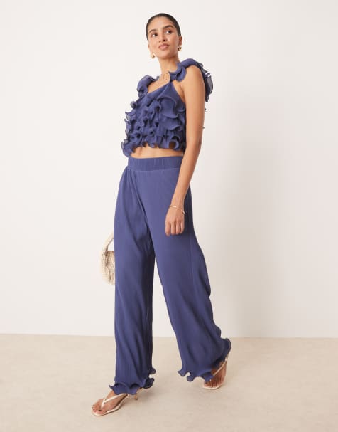YAS frill trim trouser co-ord in deep blue
