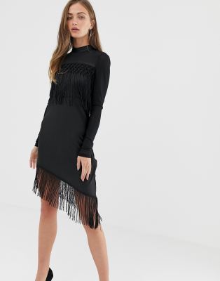 black mini fringe dress