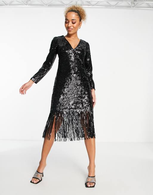 Black fringe midi dress sale