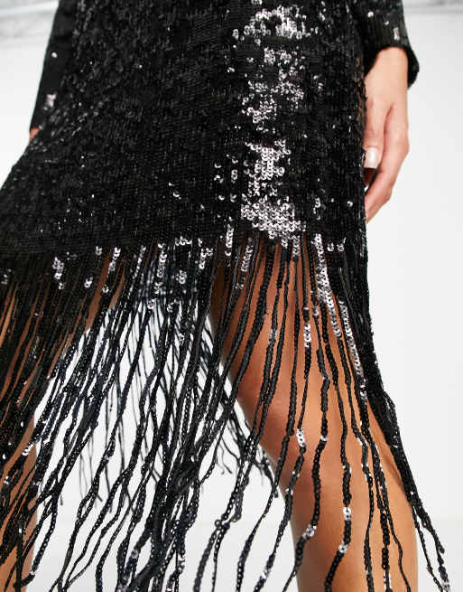 Black sequin plunge clearance dress with fringed skirt