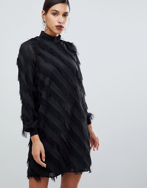 Y.A.S fringe stripe high neck mini dress in black | ASOS