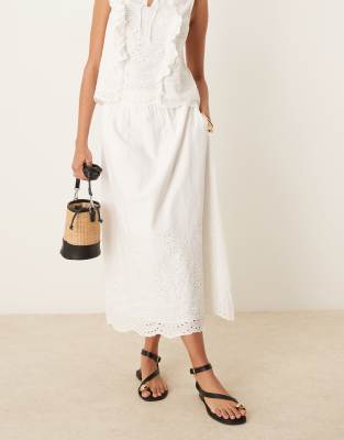 YAS full broderie detail midi skirt co-ord in white