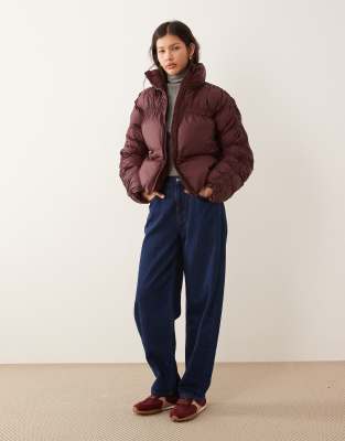 YAS funnel neck ruching detail padded jacket in burgundy-Red