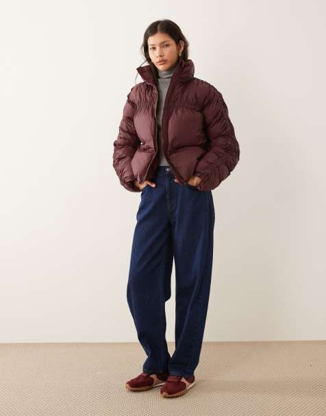 YAS funnel neck ruching detail padded jacket in burgundy