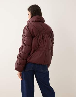 Y.a.s. Funnel Neck Ruching Details Padded Jacket In Brown