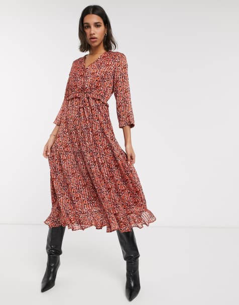 Y.A.S – Geblümtes Midikleid aus Chiffon mit Rüschen in Rot