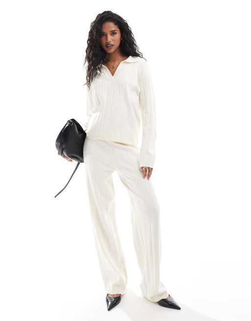 YAS - Gebreide broek met brede ribbels in crème, deel van co-ord set