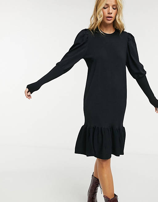 Wijzer Voorkomen poll Y.A.S - Gebreide midi-jurk met pofmouwen en peplum zoom in zwart | ASOS