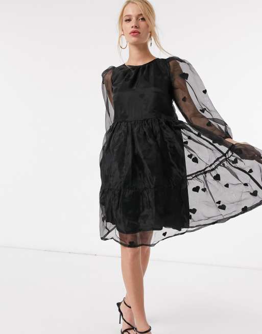 Y.A.S. - Gelaagde smockjurk met hartjesmotief in zwarte organza