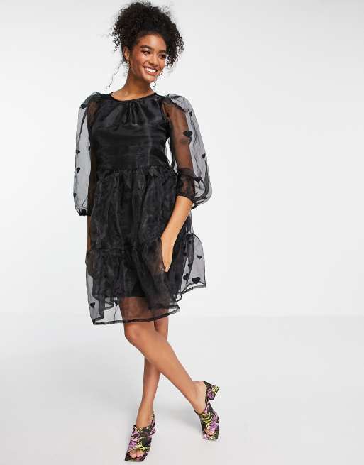 Y.A.S. - Gelaagde smockjurk met hartjesmotief in zwarte organza
