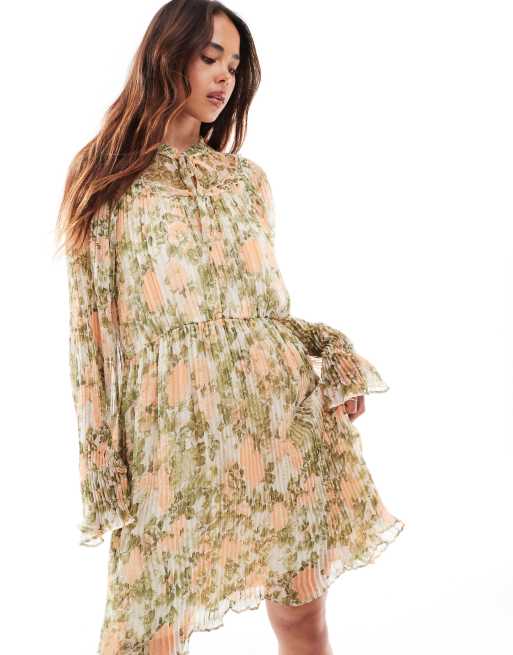 YAS - Geplooide mini-jurk met gestrikte hals, geschulpte zoom en bloemenprint