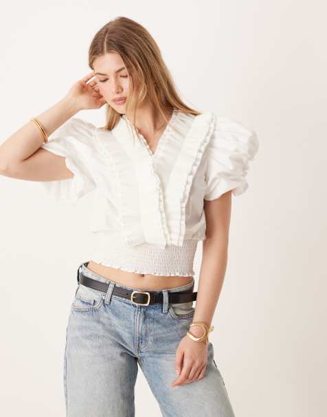 YAS - Geplooide poplin top met pofmouwen en ruches in wit - view 1