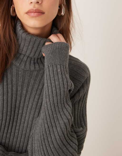 YAS Geribbeld midi trui jurk met col in grijs ASOS