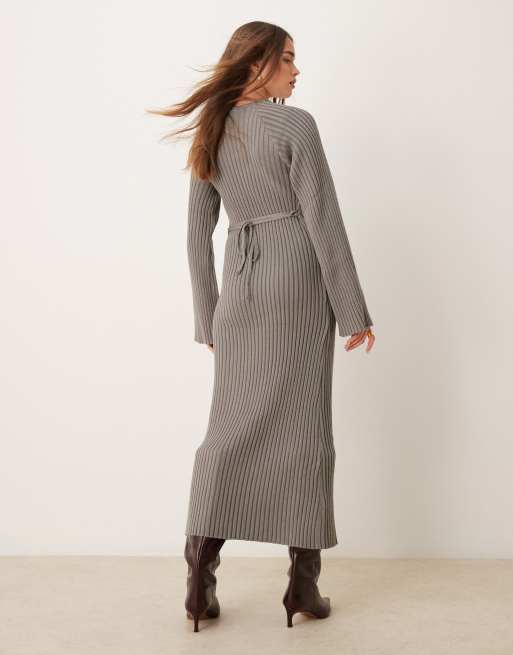 YAS - Geribbelde maxi-jurk met lange mouwen in grijs, 4 van 4