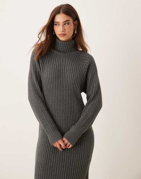YAS - Geribbelde midi trui-jurk met col in grijs - view 1