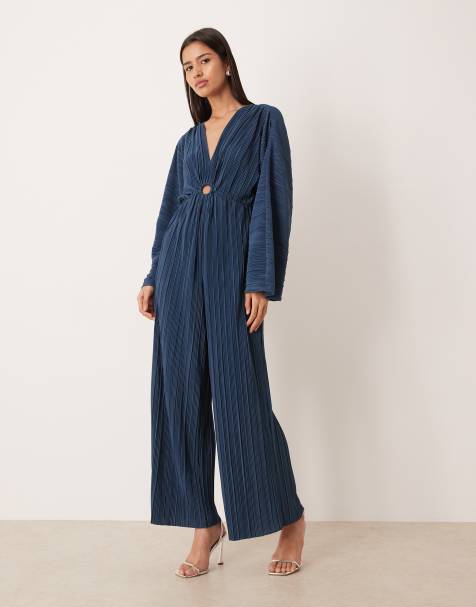 YAS - Gerimpelde plissé jumpsuit met lange mouwen in donkerblauw - view 1