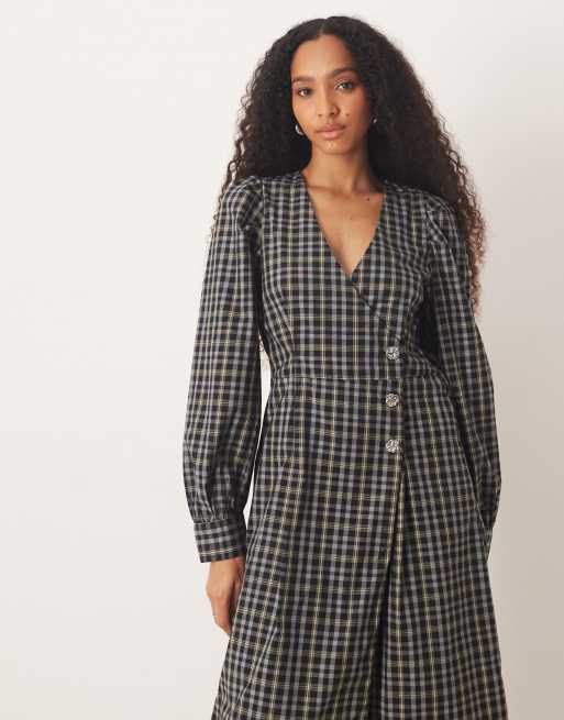 YAS - Geruite midi jurk met asymmetrische knopen in zwart, 3 van 4