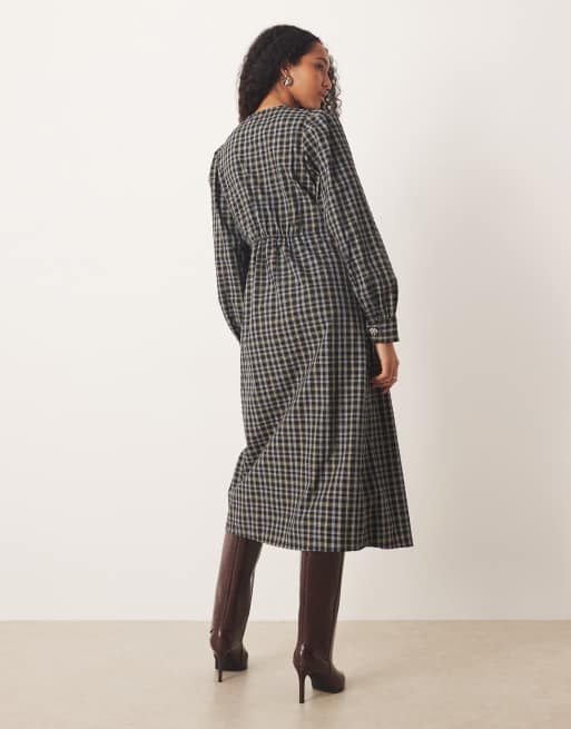 YAS - Geruite midi jurk met asymmetrische knopen in zwart, 4 van 4
