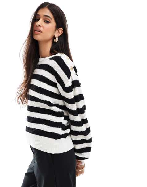 YAS – Gestreifter Pullover in Schwarz-Weiß mit geknöpftem Schulterdetail - view 1