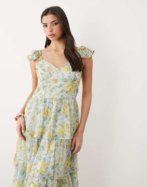 YAS – Gestuftes Chiffon-Maxikleid mit zartem Blumenmuster und Flatterärmeln, 4 von 4