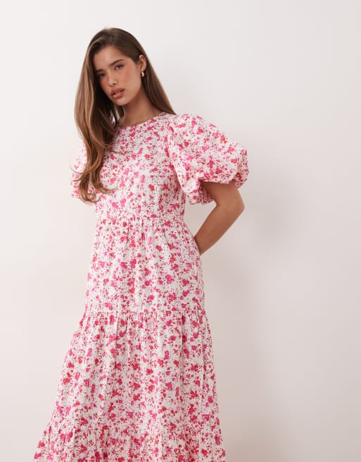 YAS – Gestuftes Maxikleid aus Baumwolle mit voluminösen Ärmeln und rosa Blumenmuster, 2 von 4