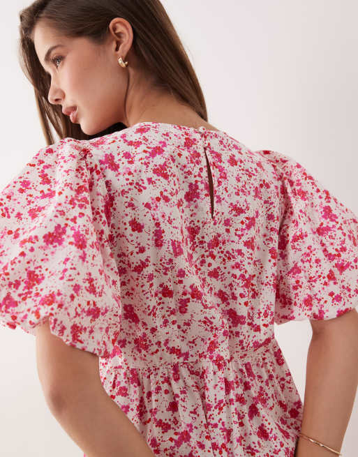 YAS – Gestuftes Maxikleid aus Baumwolle mit voluminösen Ärmeln und rosa Blumenmuster, 4 von 4
