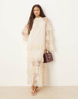 YAS - Gestuftes Maxikleid aus transparenter Spitze in Creme-Weiß
