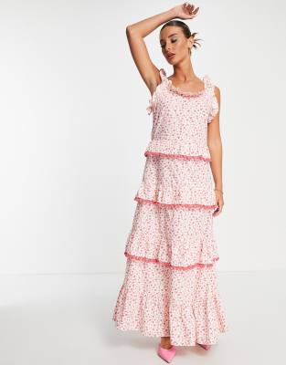 Y.A.S - Gestuftes Maxikleid mit Pom-Pom-Borten und rosa Blumenmuster-Bunt