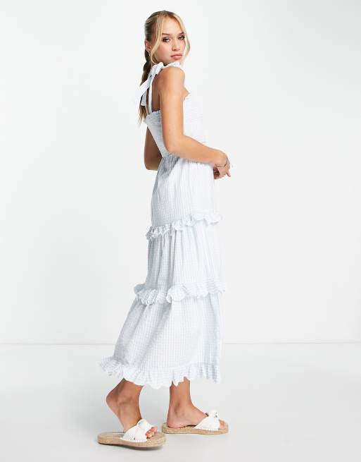 Y.A.S – Gestuftes Midikleid in kariertem Blassblau mit gesmoktem Detail