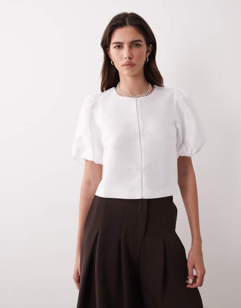 YAS - Geweven top met volumineuze mouwen en sluiting aan de voorkant in gardenia wit - view 1