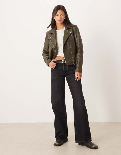YAS - Giacca biker premium in pelle verde oliva, 2 di 4