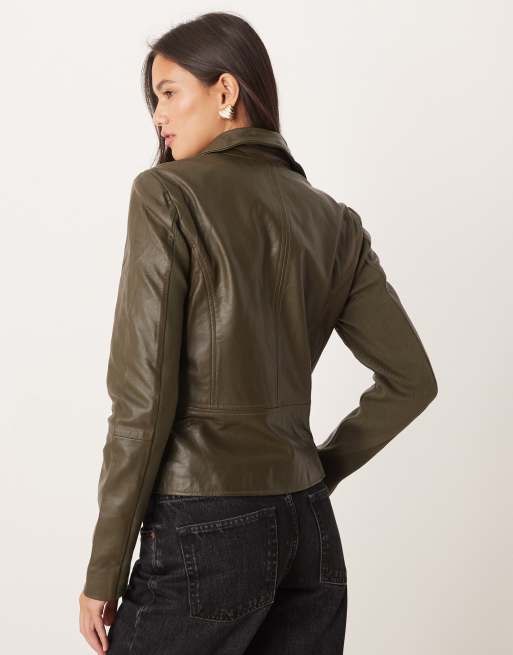 YAS - Giacca biker premium in pelle verde oliva, 4 di 4
