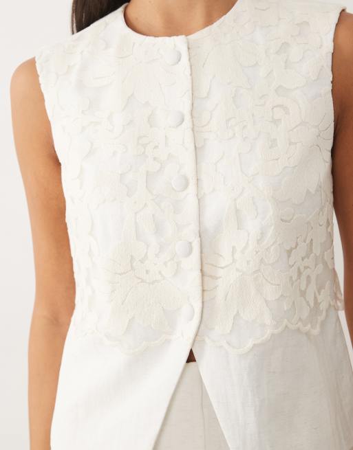 YAS - Gilet de tailleur d'ensemble en lin aspect dentelle recouverte de dentelle - Blanc chiné, 3 de 4