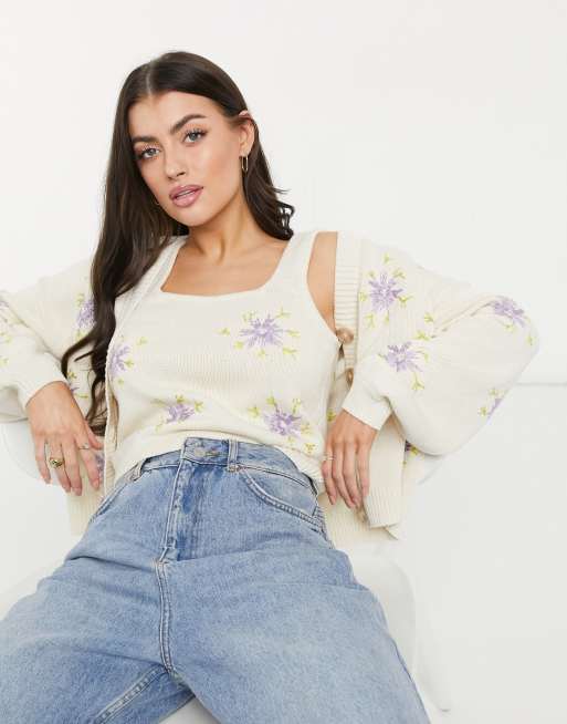 Y.A.S - Gilet d'ensemble en maille à fleurs brodées lilas - Crème