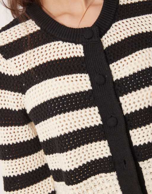 YAS - Gilet en maille au crochet à rayures - Noir et crème, 3 de 4