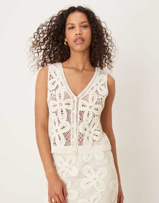 YAS - Gilet in maglia all'uncinetto a fiori color crema premium in coordinato