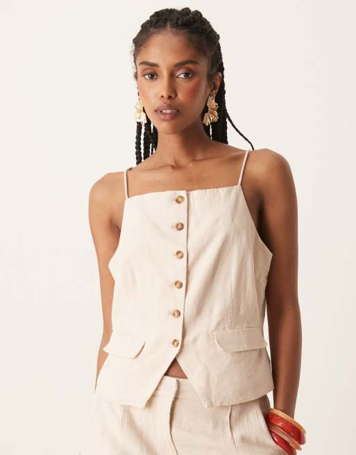 YAS - Gilet in misto lino color crema mélange con scollo squadrato e spalline sottili in coordinato