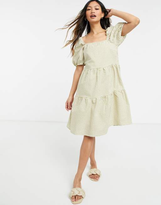 Y.A.S. gingham puff-sleeved mini smock dress in sage