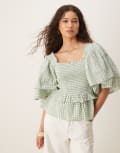 [YAS] YAS gingham top with exaggerated sleeves in sage and white-Green 12 QUIET GREEN