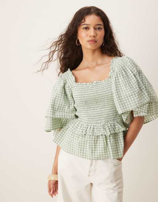 YAS gingham top with exaggerated sleeves in sage and white